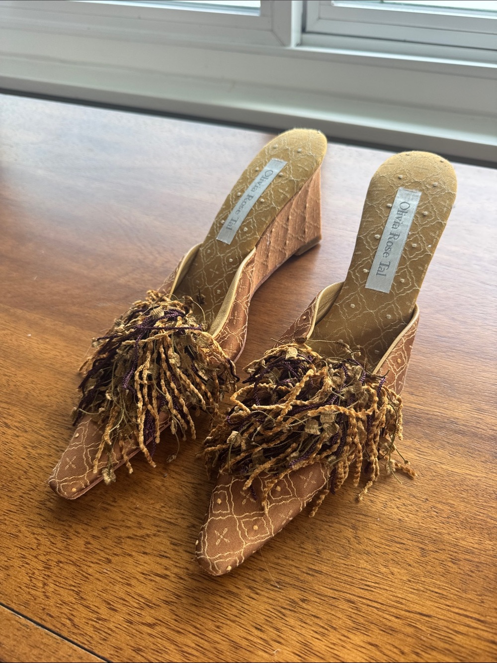 Olivia Rose Tal Tan Brown Fringe Wedge Mules